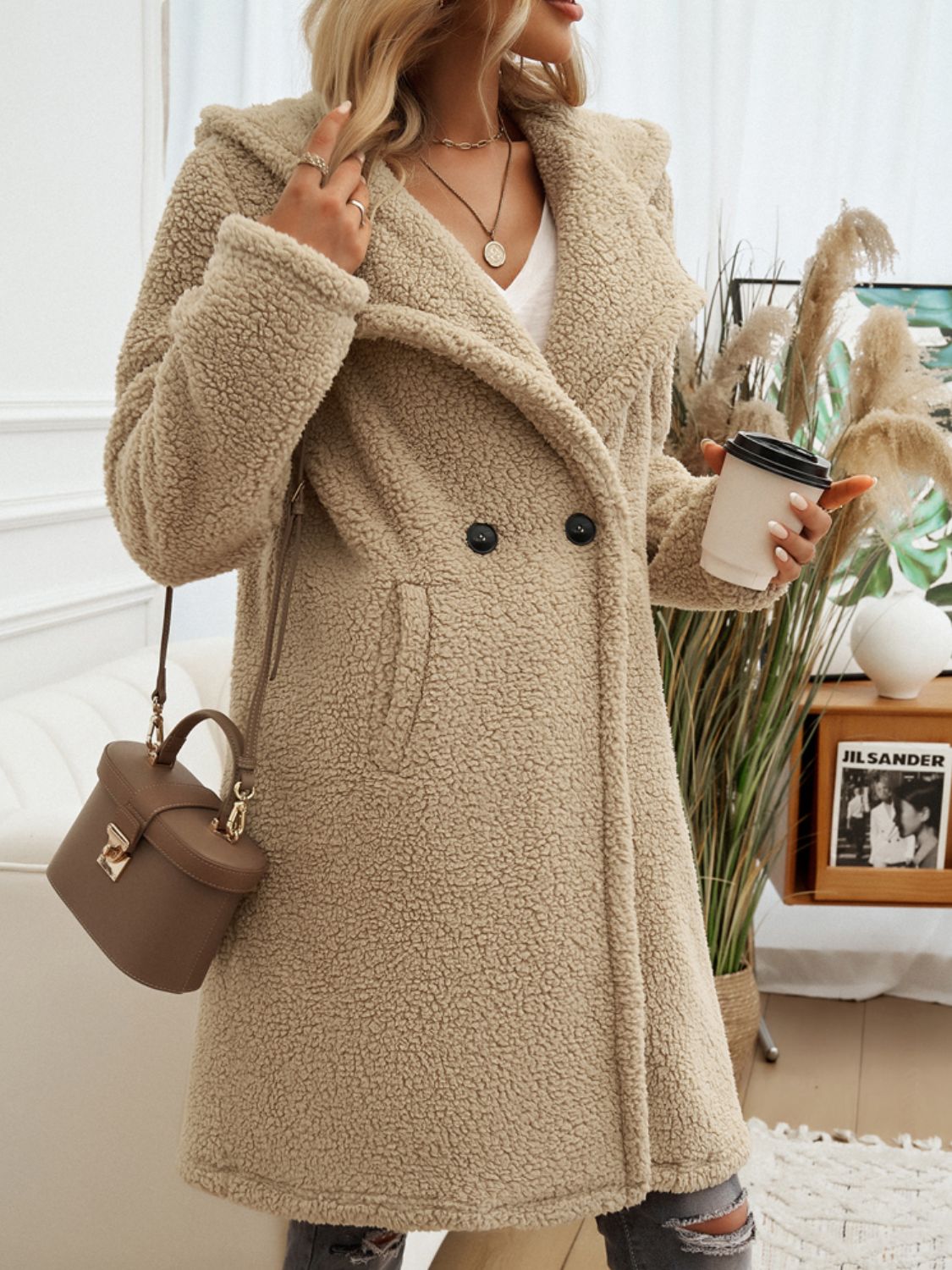 Devine Pocketed Long Sleeve Hooded Teddy Coat camel front 