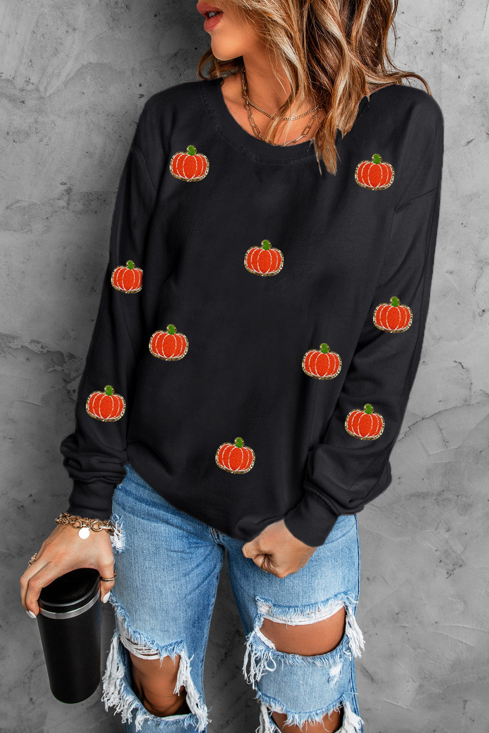 Pumpkin Round Neck Long Sleeve Sweatshirt front