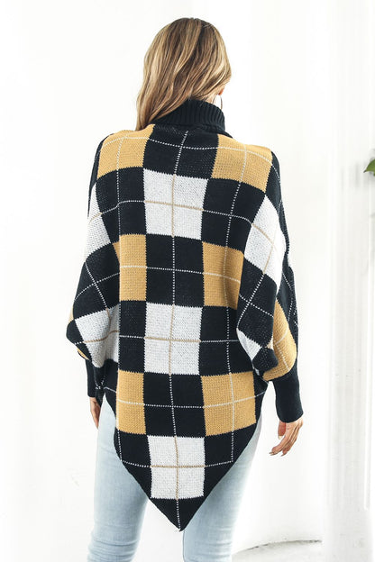 Plaid Turtleneck Dolman Sleeve Poncho back