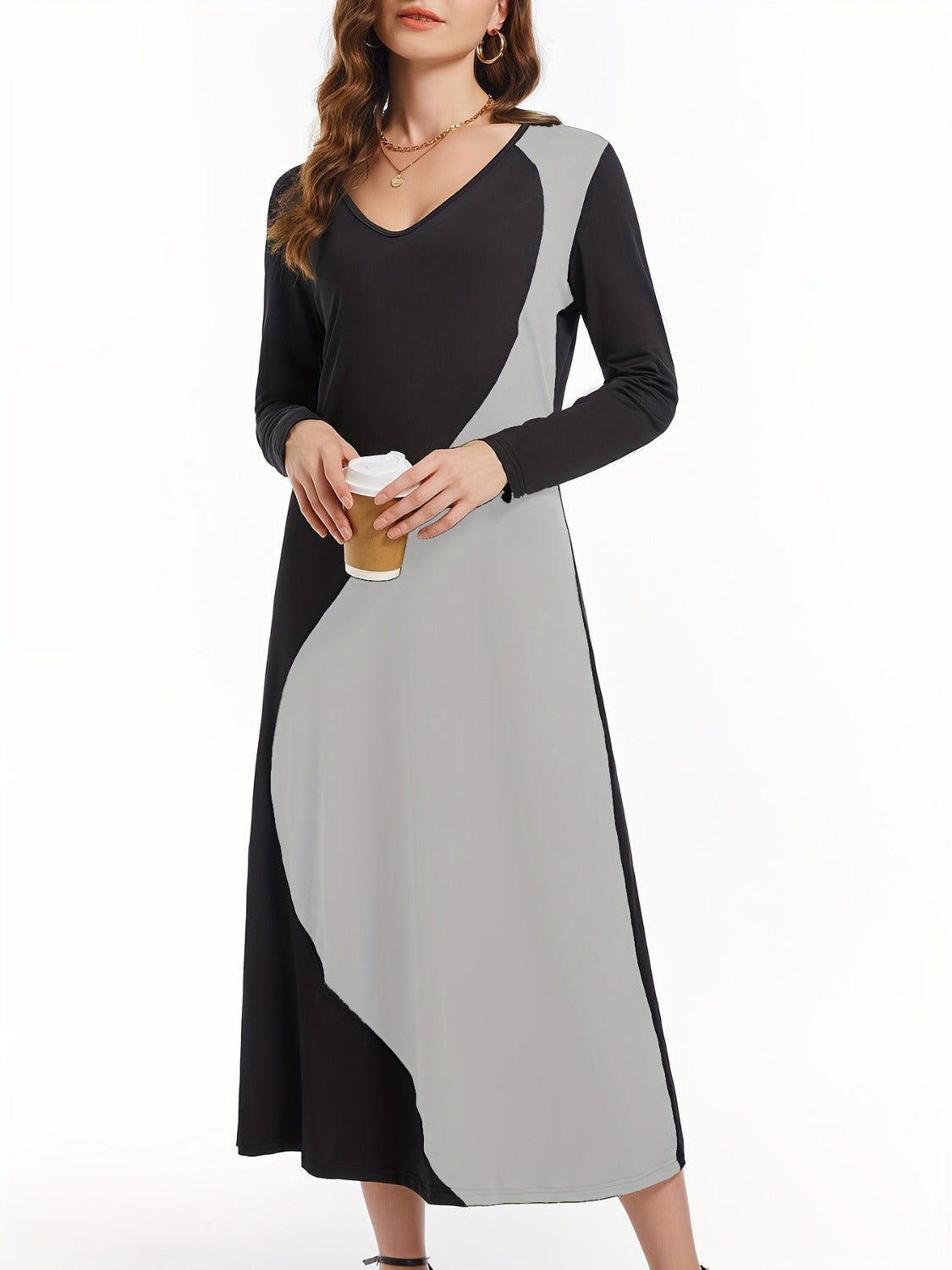 Sophisticated Contrast Long Sleeve Midi Dress