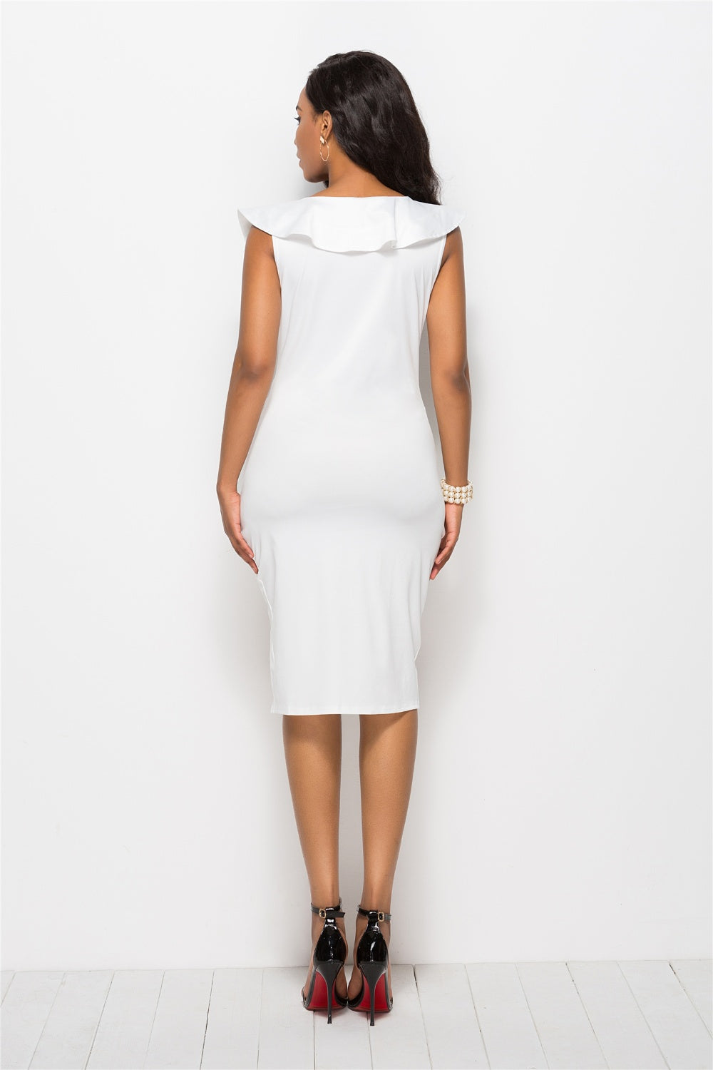 Ruched Ruffled Cap Sleeve Dress white