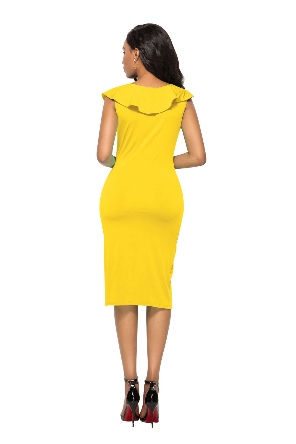 Ruched Ruffled Cap Sleeve Dress yellow