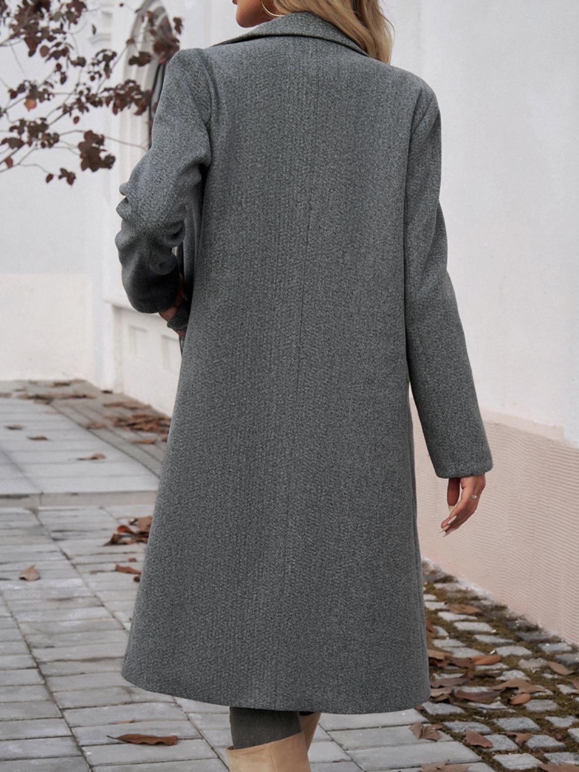 Pocketed Collared Neck Long Sleeve Coat Dark grey