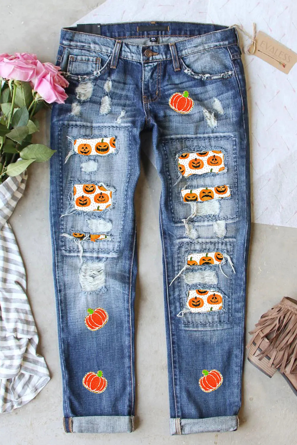 Distressed Pumpkin Jeans with Pockets front