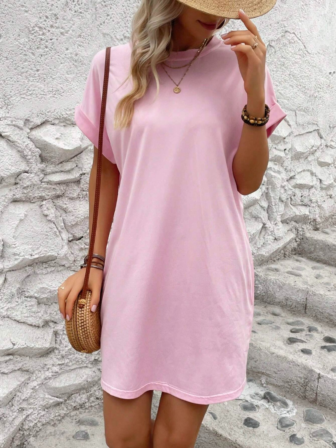 Round Neck Short Sleeve Mini Dress pink