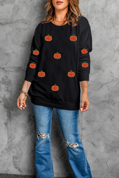 Pumpkin Round Neck Long Sleeve Sweatshirt front