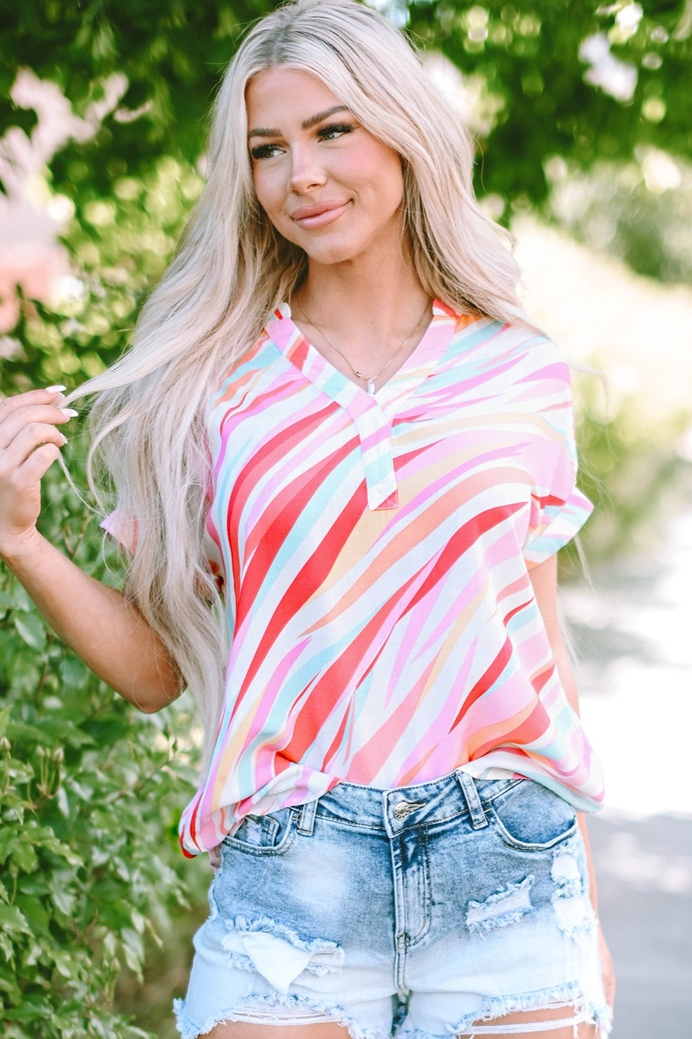 Color Block V-Neck Half Sleeve Blouse