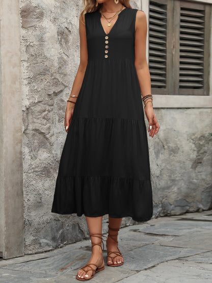 Chic Chic Button Notched Sleeveless Dress black