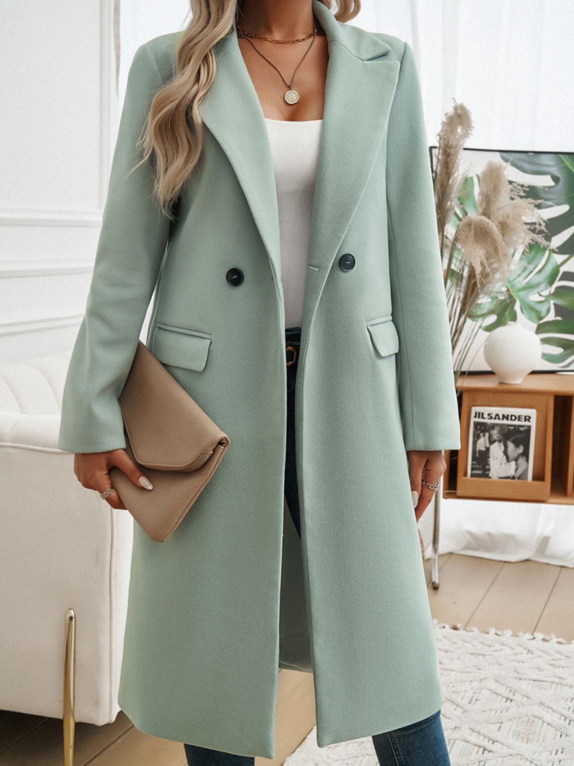 Pocketed Collared Neck Long Sleeve Coat Sage