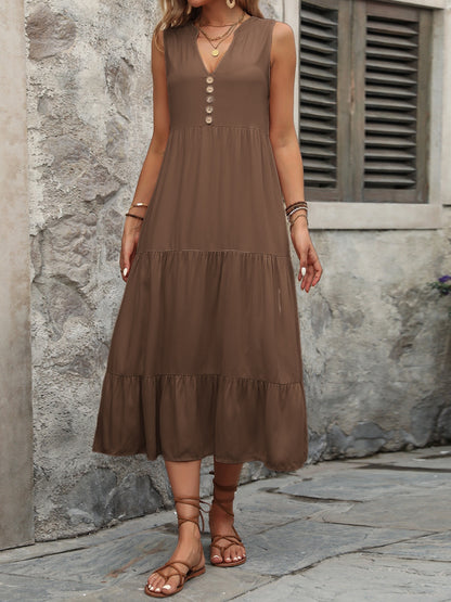 Chic Chic Button Notched Sleeveless Dress brown