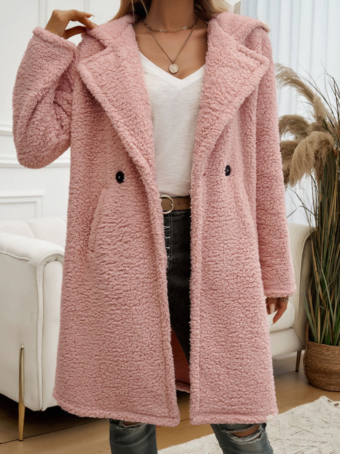 Devine Pocketed Long Sleeve Hooded Teddy Coat misty pink front