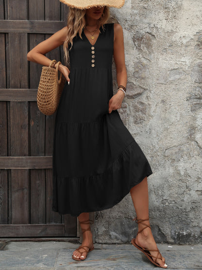 Chic Chic Button Notched Sleeveless Dress black