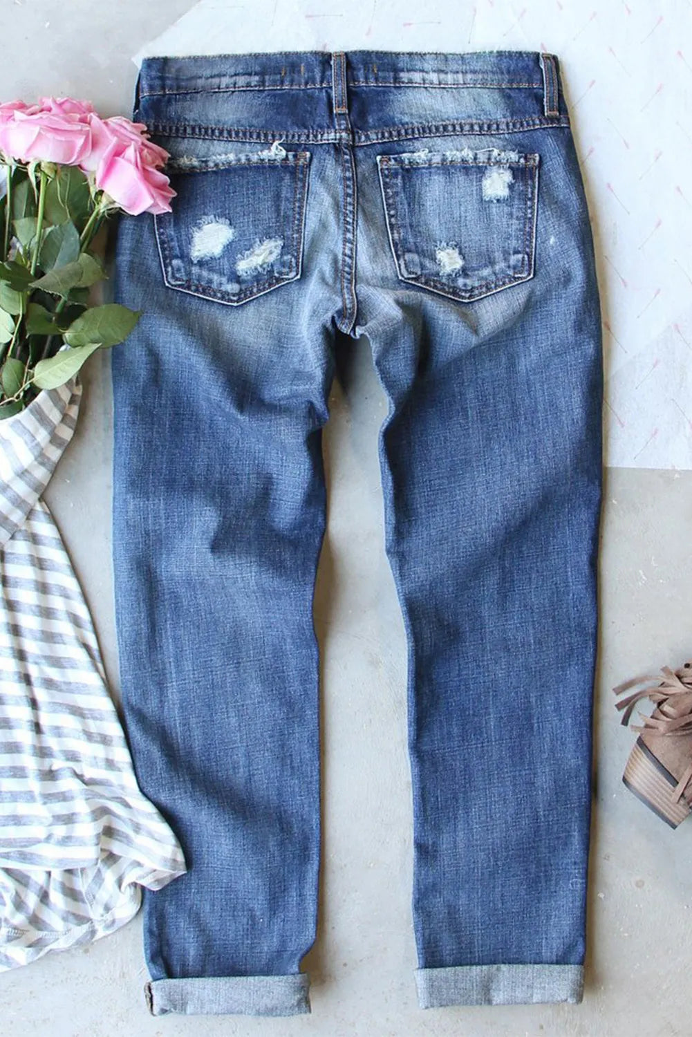 Distressed Pumpkin Pattern Jeans with Pockets back