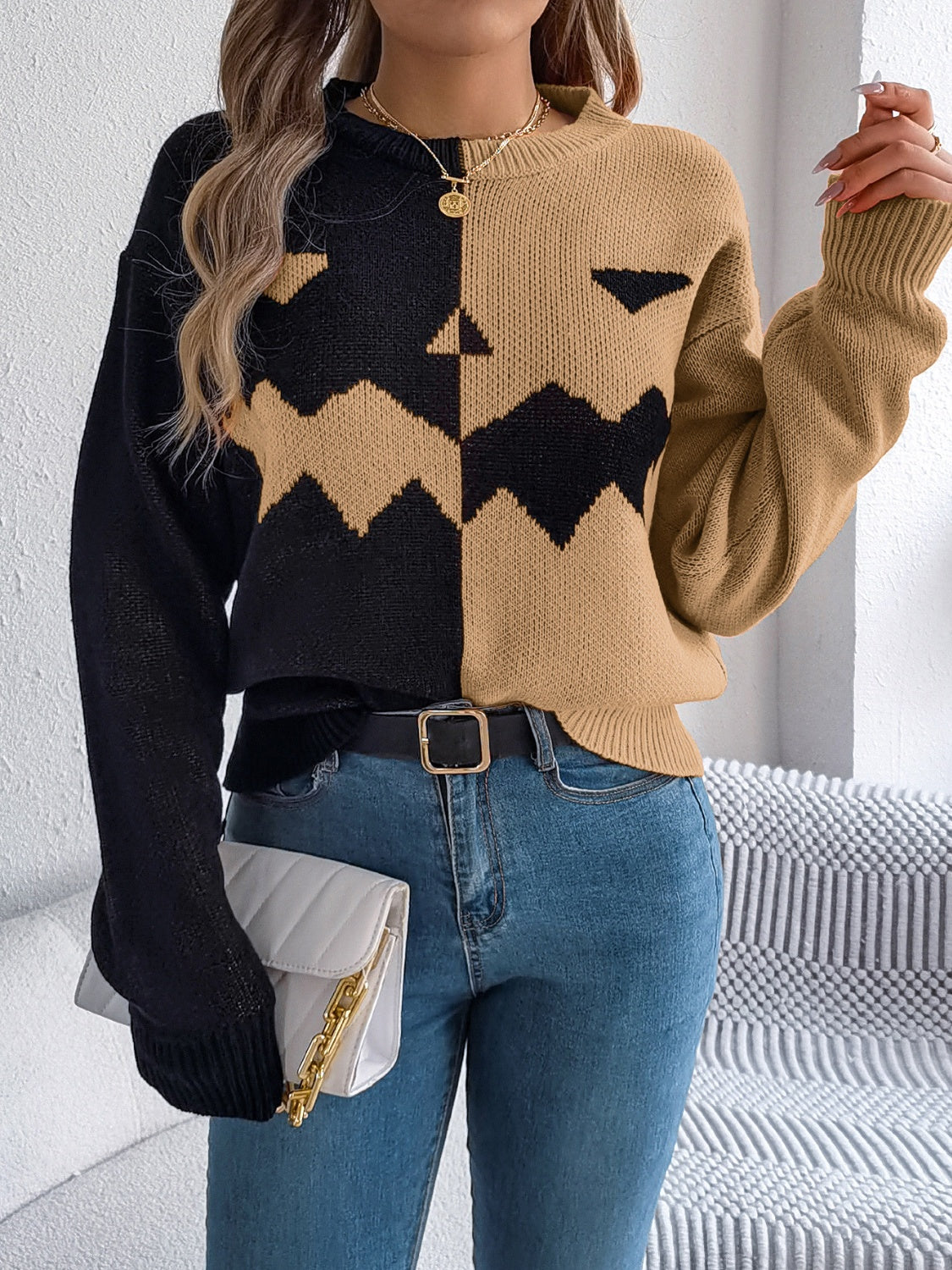 Contrast Round Neck Long Sleeve Sweater