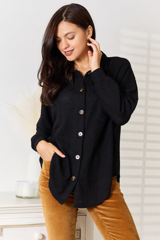 Chic Chic Waffle-Knit Collared Neck Dropped Shoulder Shirt