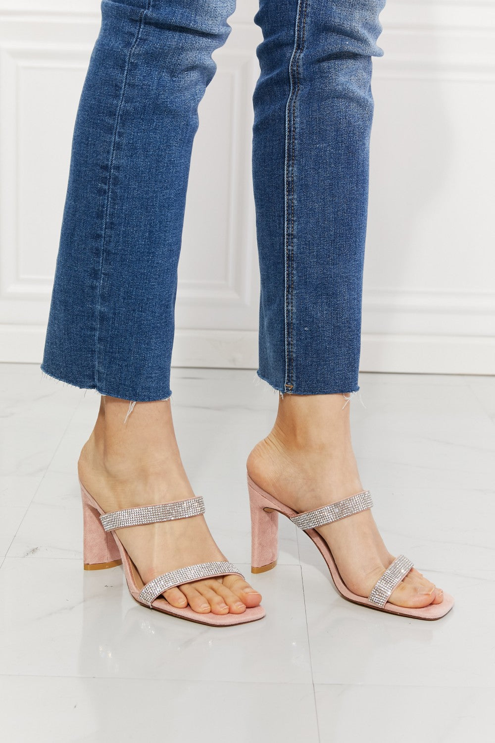 Chic Chic Sparkle Rhinestone Block Heel Sandal in Pink