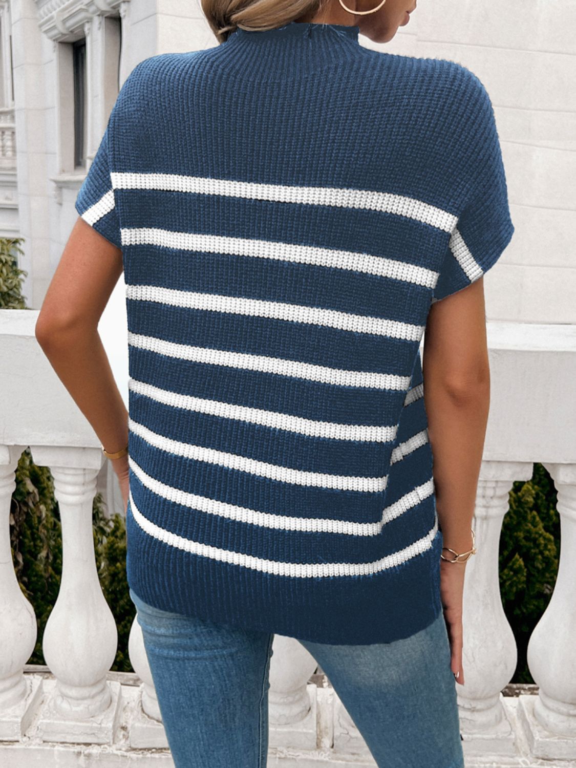 Striped Mock Neck Short Sleeve Sweater