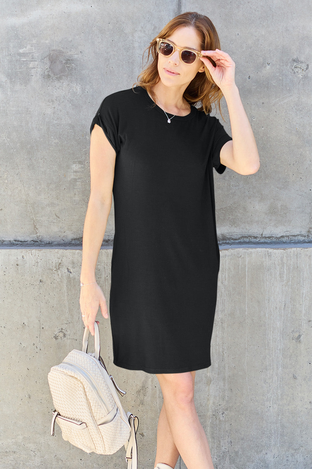 Chic Chic Round Neck Short Sleeve Dress with Pockets