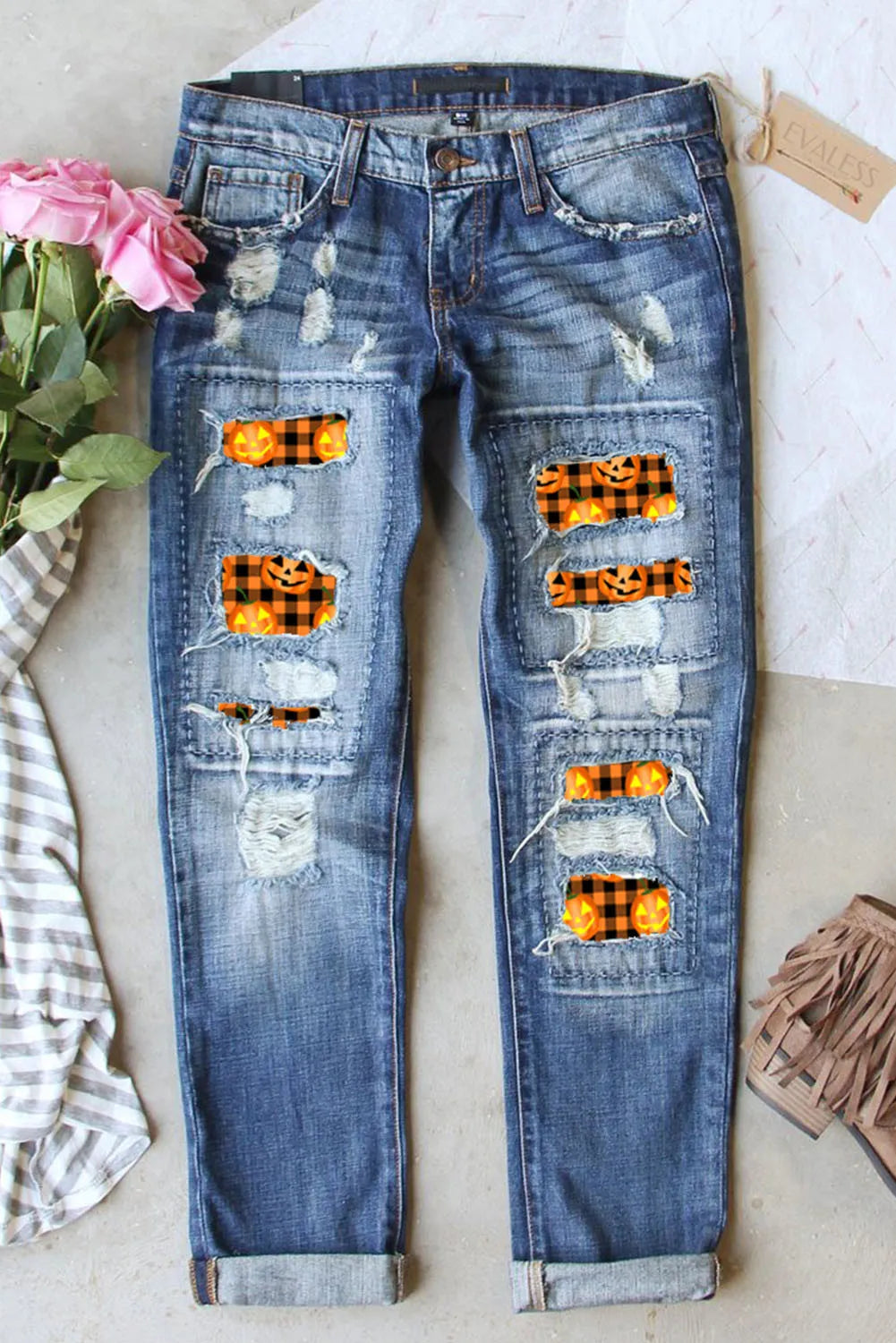 Distressed Pumpkin Pattern Jeans with Pockets front