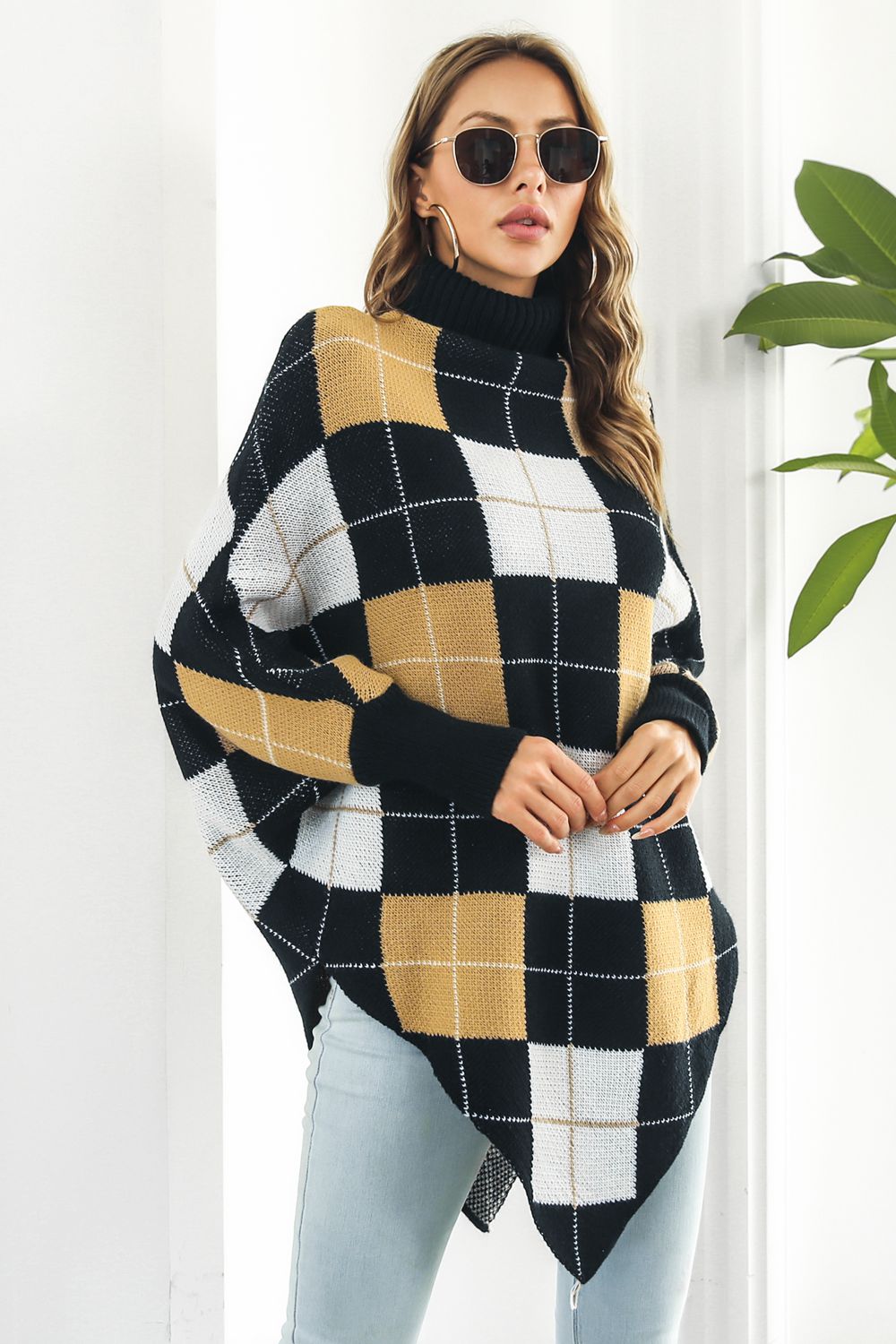 Plaid Turtleneck Dolman Sleeve Poncho front