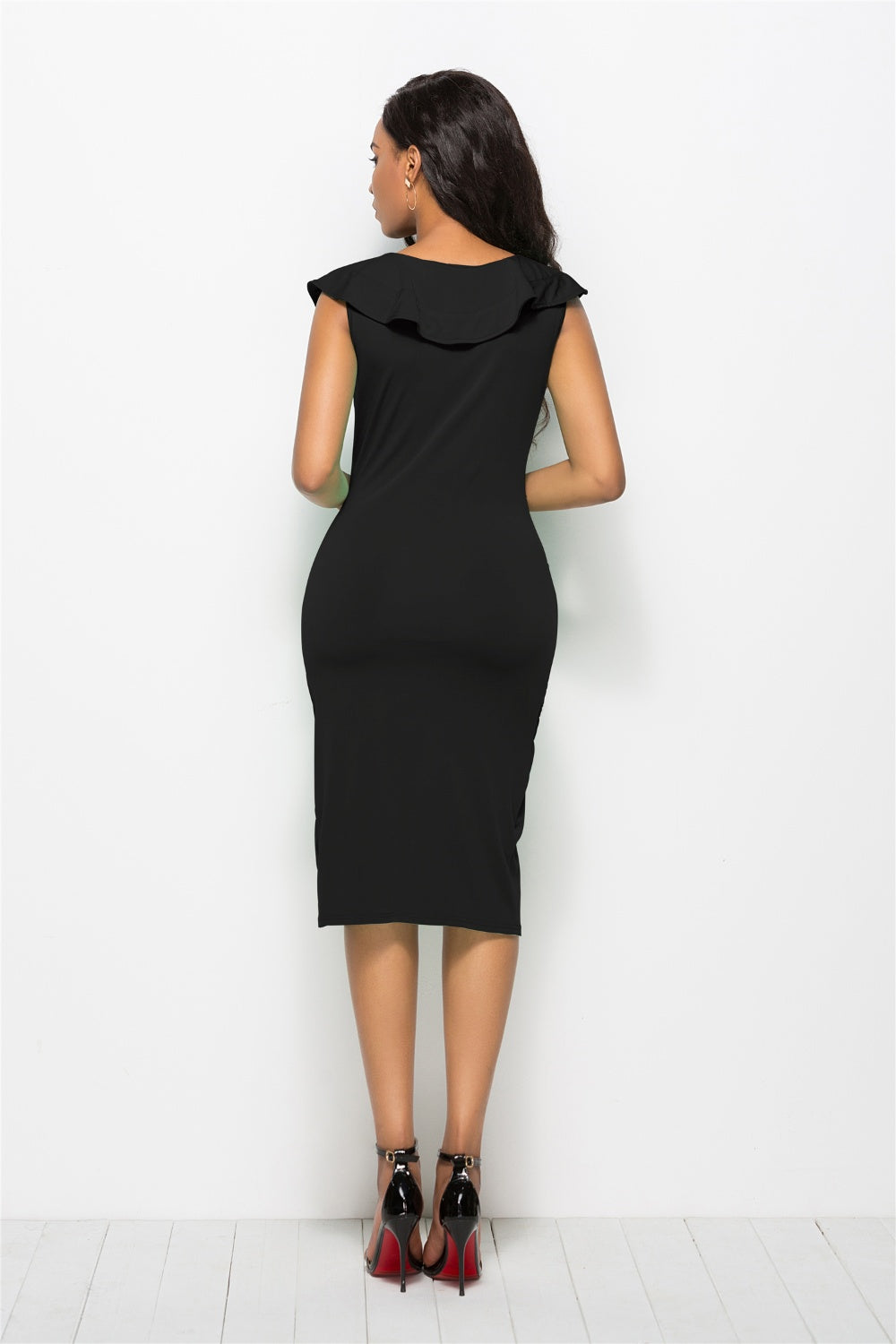 Ruched Ruffled Cap Sleeve Dress black