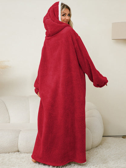 Pocketed Contrast Long Sleeve Hooded Lounge Dress red back