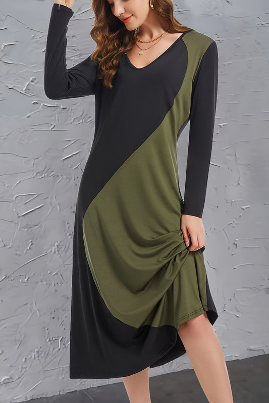 Sophisticated Contrast Long Sleeve Midi Dress