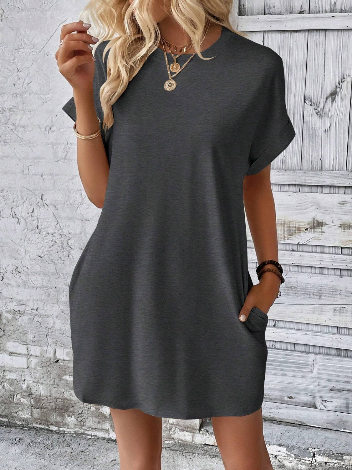 Round Neck Short Sleeve Mini Dress 