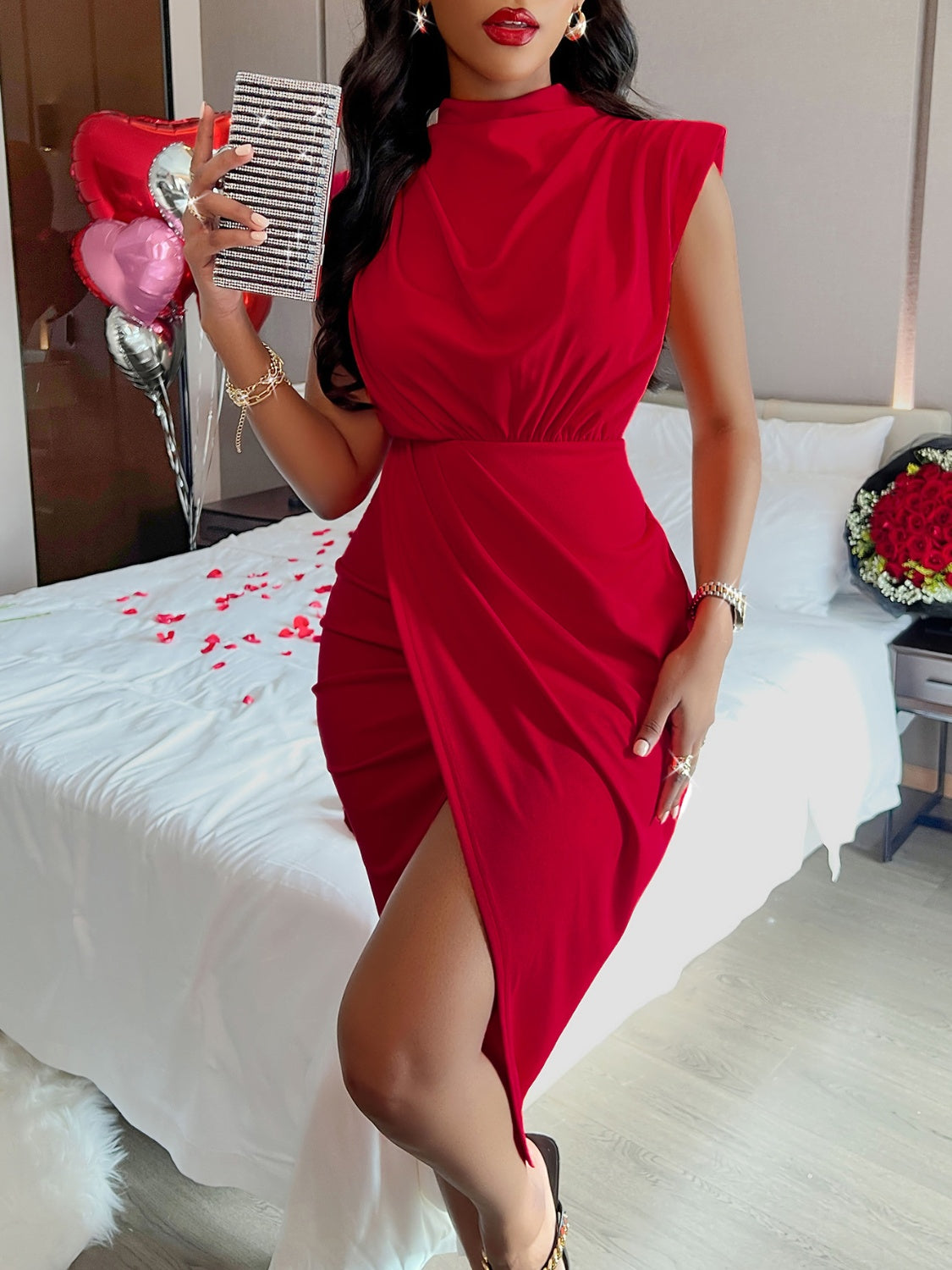 Cutout Slit Mock Neck Sleeveless Dress Red