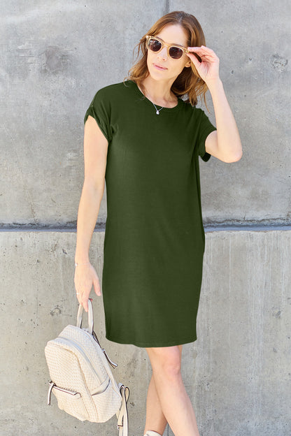 Chic Chic Round Neck Short Sleeve Dress with Pockets