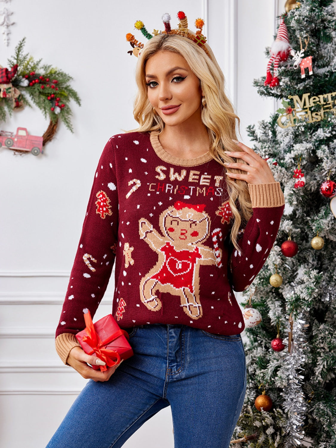 Gingerbread Round Neck Long Sleeve Sweater chic chic boutique 