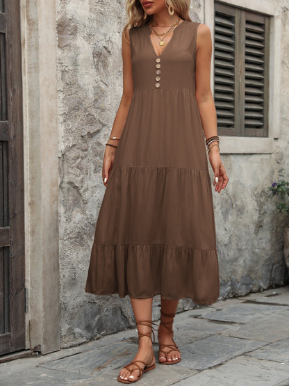 Chic Chic Button Notched Sleeveless Dress brown