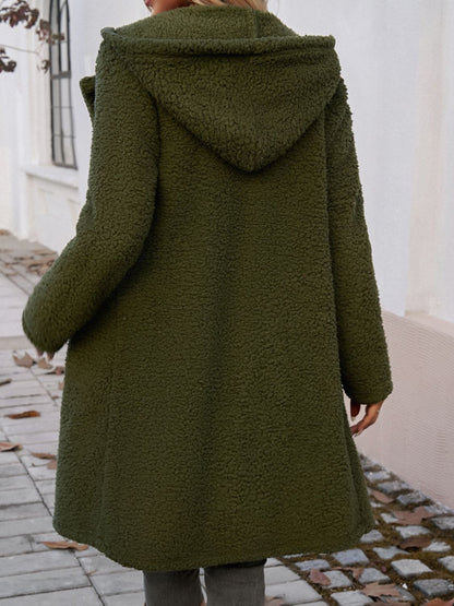 Devine Pocketed Long Sleeve Hooded Teddy Coat army green back
