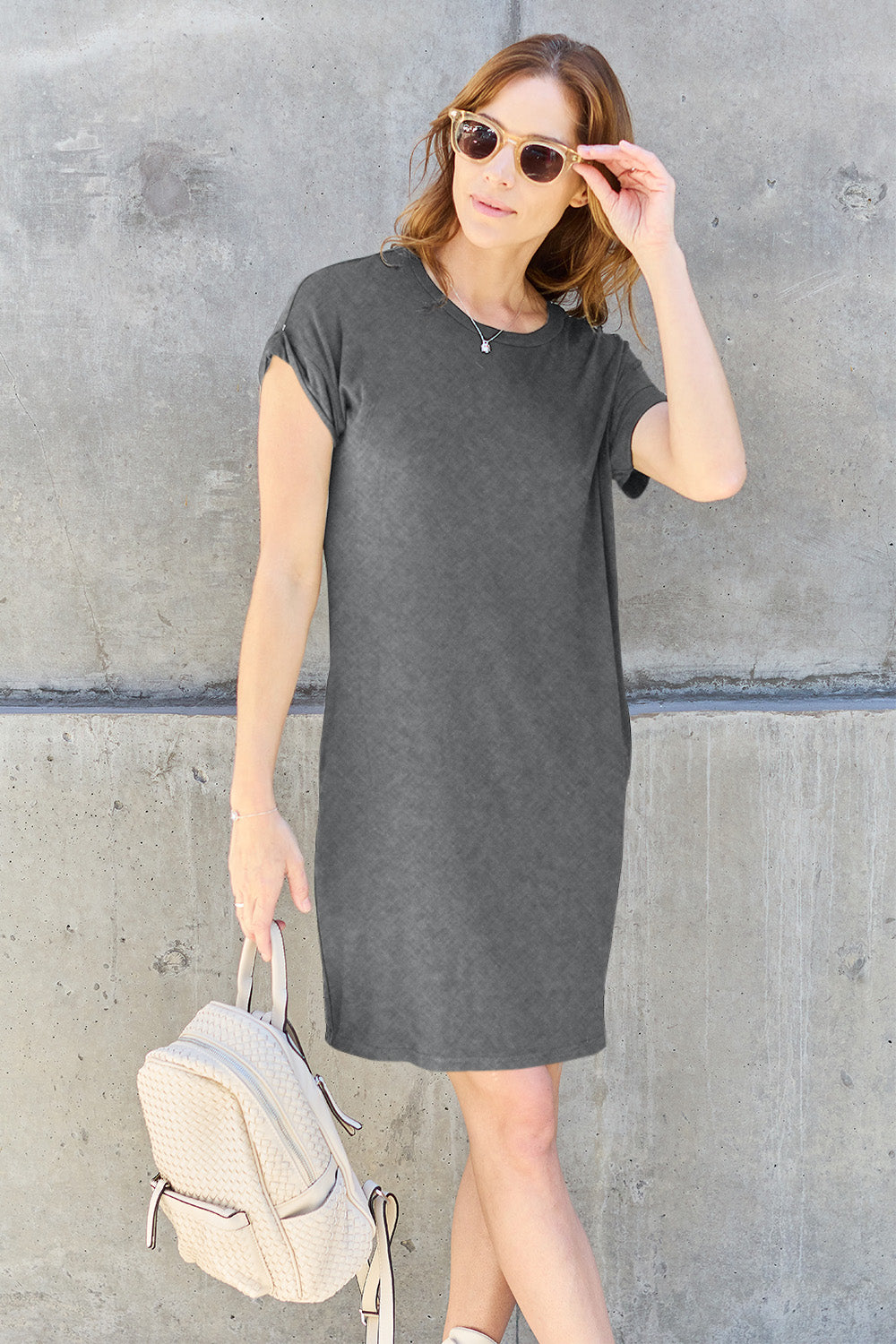 Chic Chic Round Neck Short Sleeve Dress with Pockets