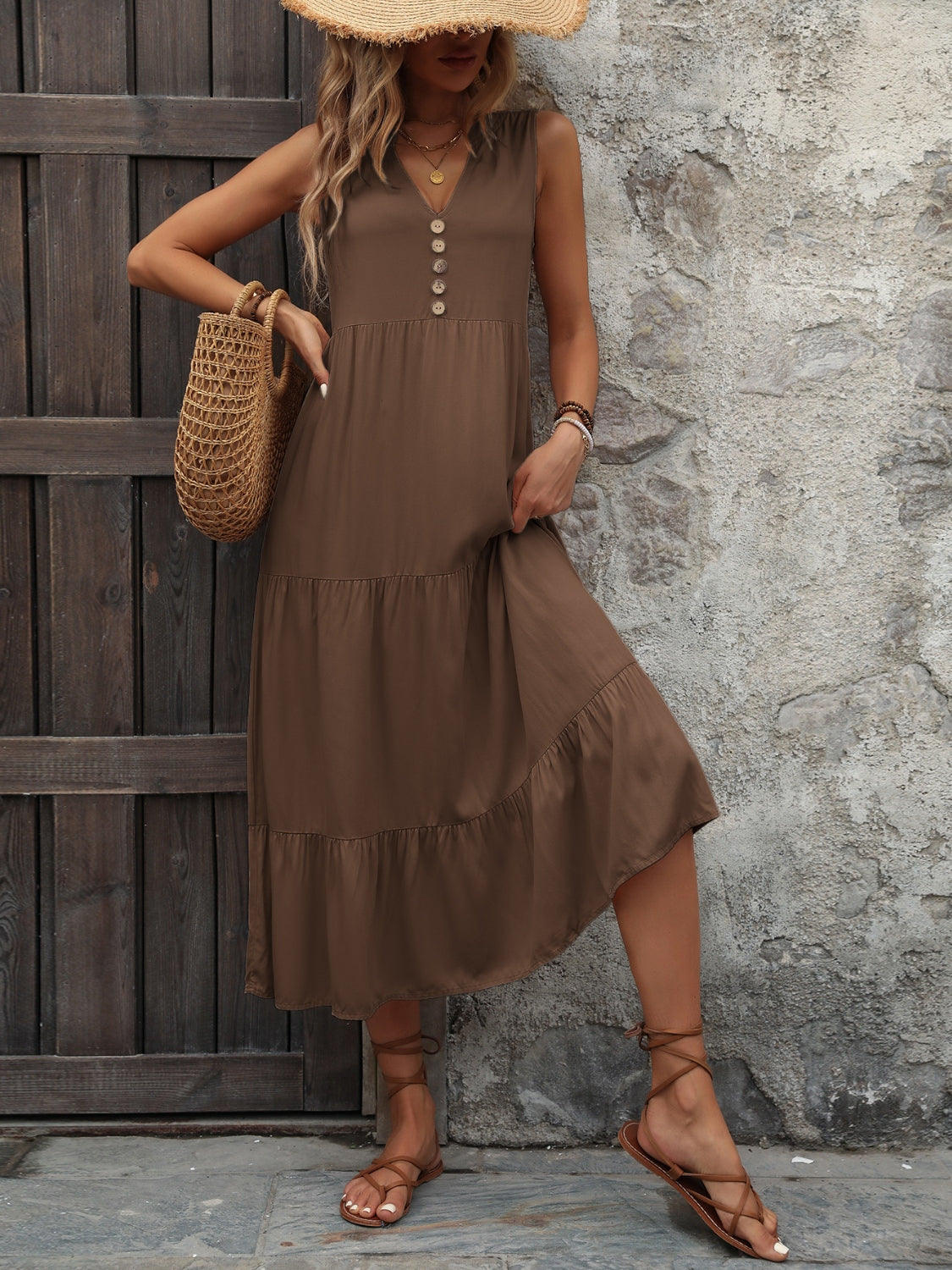 Chic Chic Button Notched Sleeveless Dress brown