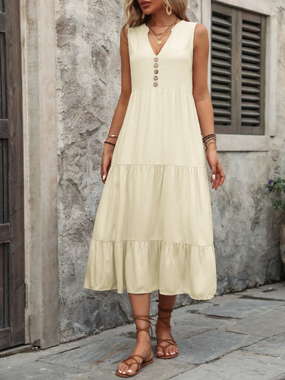 Chic Chic Button Notched Sleeveless Dress beige