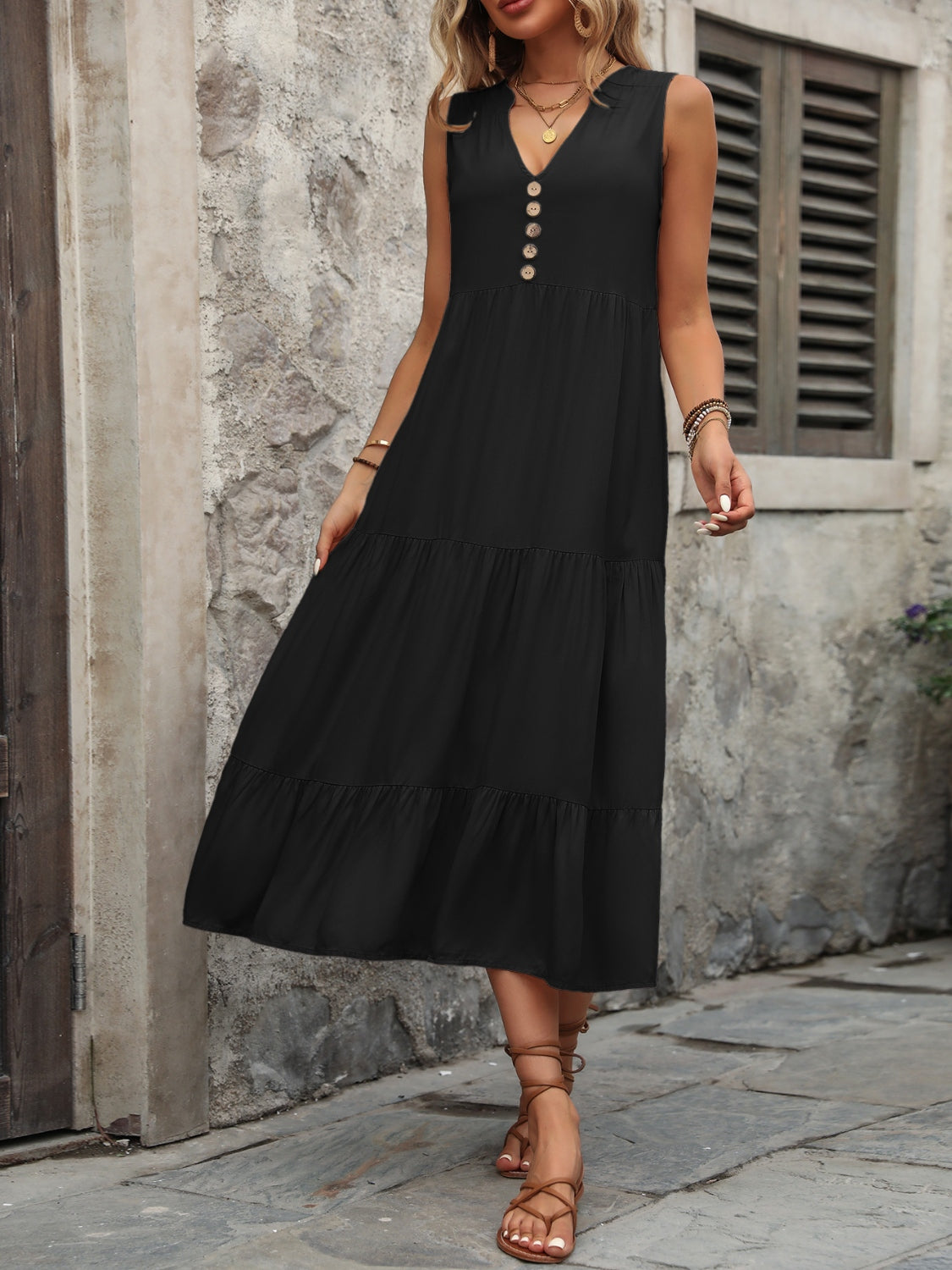 Chic Chic Button Notched Sleeveless Dress black