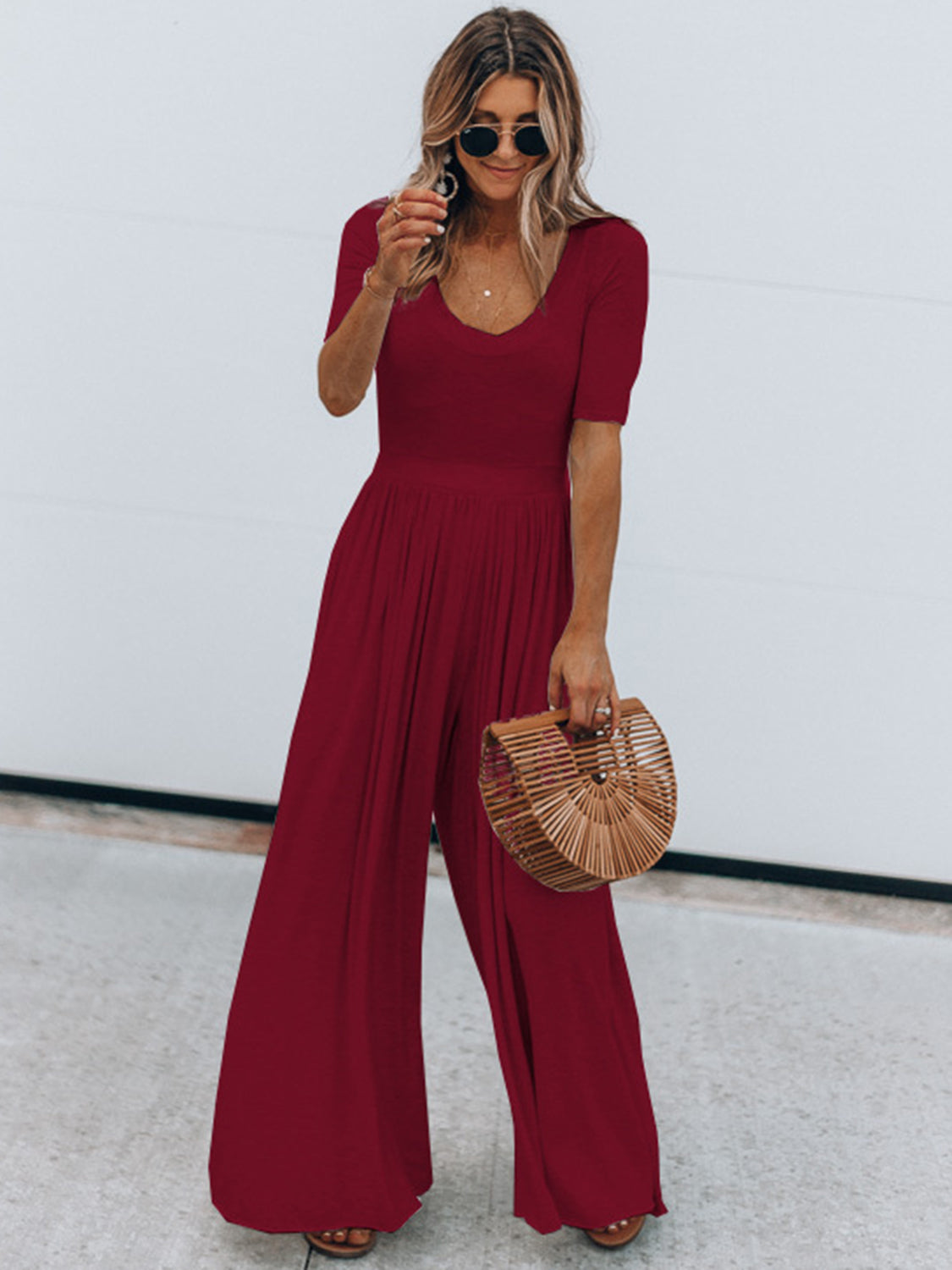 Chic Chic Scoop Neck Short Sleeve Jumpsuit red