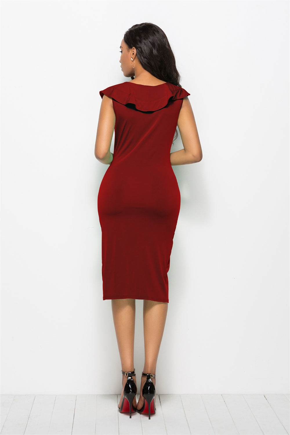 Ruched Ruffled Cap Sleeve Dress burgundy