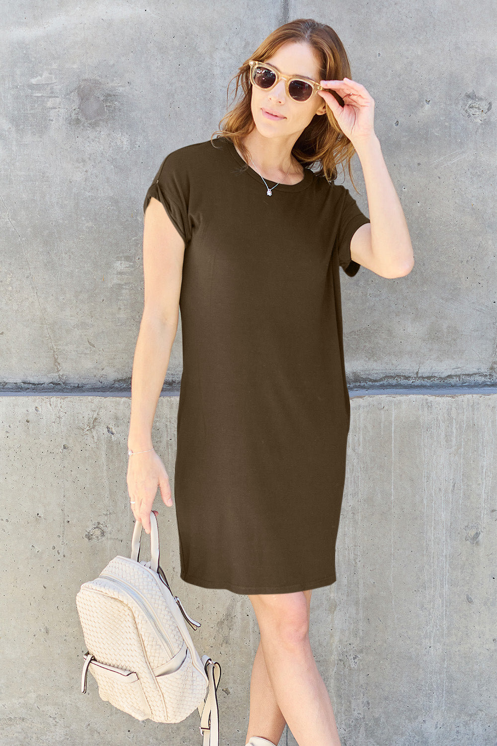 Chic Chic Round Neck Short Sleeve Dress with Pockets