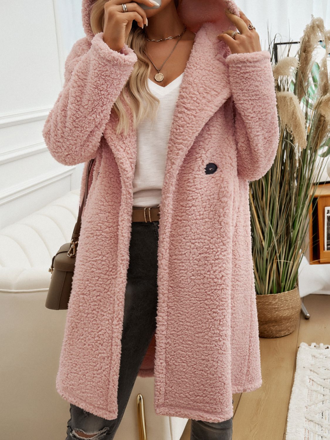 Devine Pocketed Long Sleeve Hooded Teddy Coat misty pink