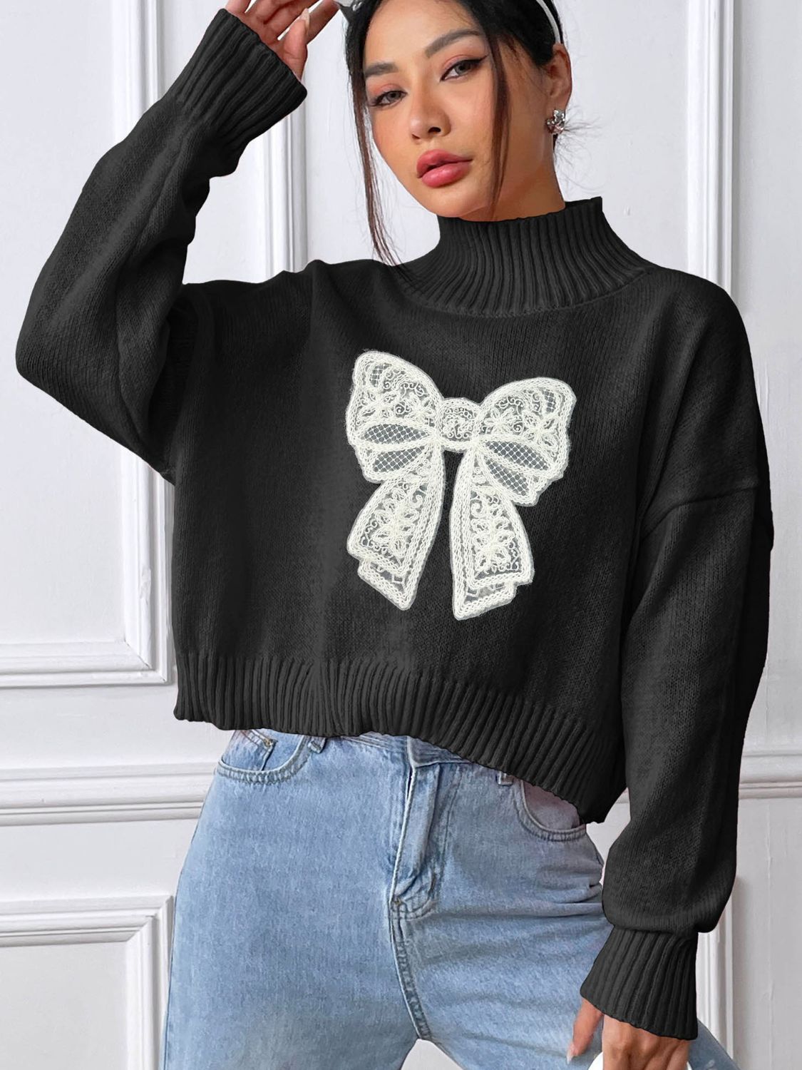 Bow Turtleneck Long Sleeve Sweater Chic Chic Boutique 