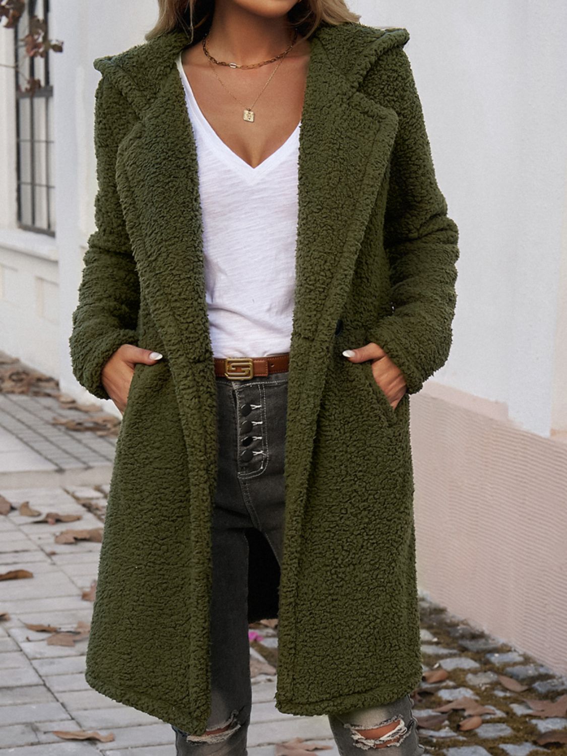 Devine Pocketed Long Sleeve Hooded Teddy Coat green front 