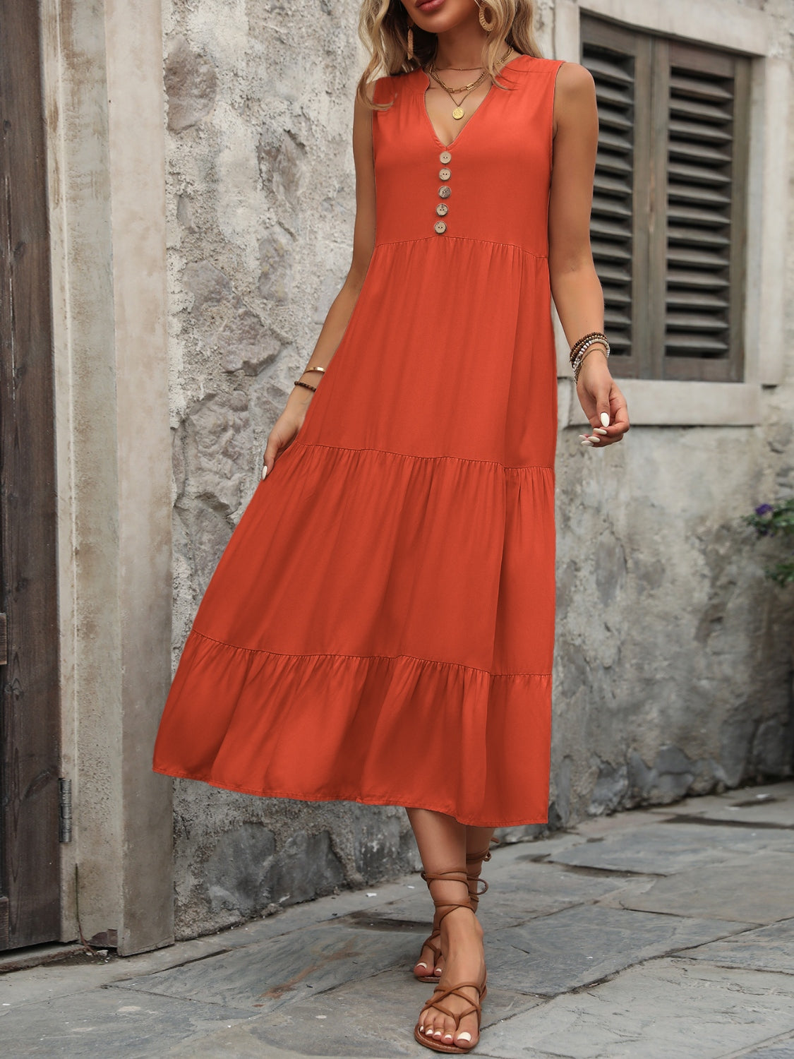 Chic Chic Button Notched Sleeveless Dress Orange