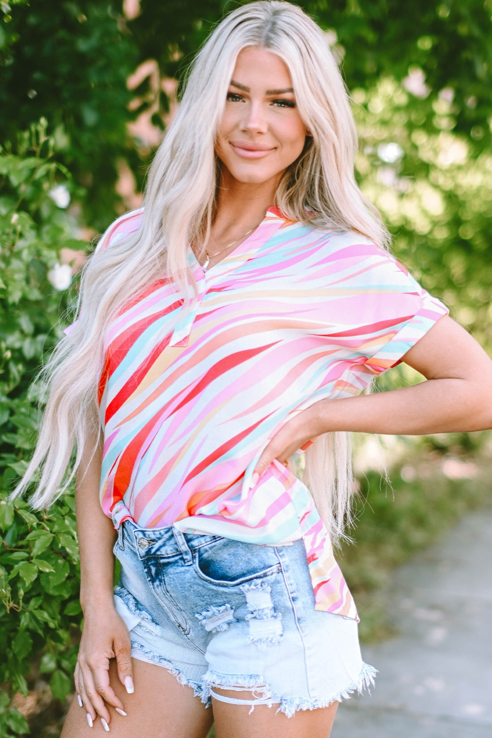 Color Block V-Neck Half Sleeve Blouse