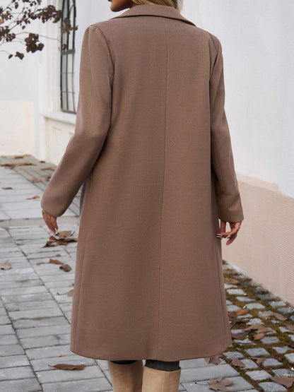 Pocketed Collared Neck Long Sleeve Coat Taupe