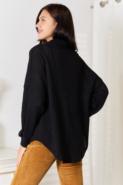 Chic Chic Waffle-Knit Collared Neck Dropped Shoulder Shirt