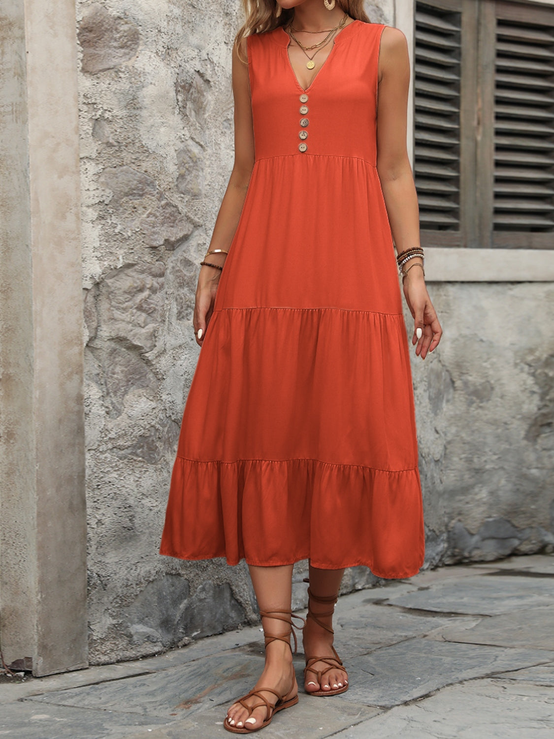 Chic Chic Button Notched Sleeveless Dress Orange