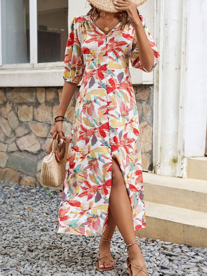 Printed V-Neck Half Sleeve Midi Dress