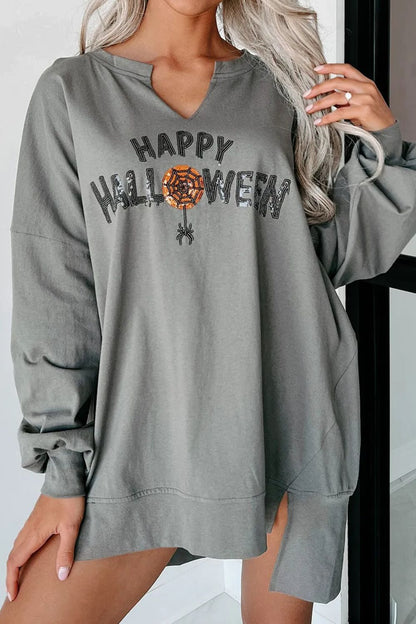 Sequin Letter Graphic Notched Long Sleeve Sweatshirt